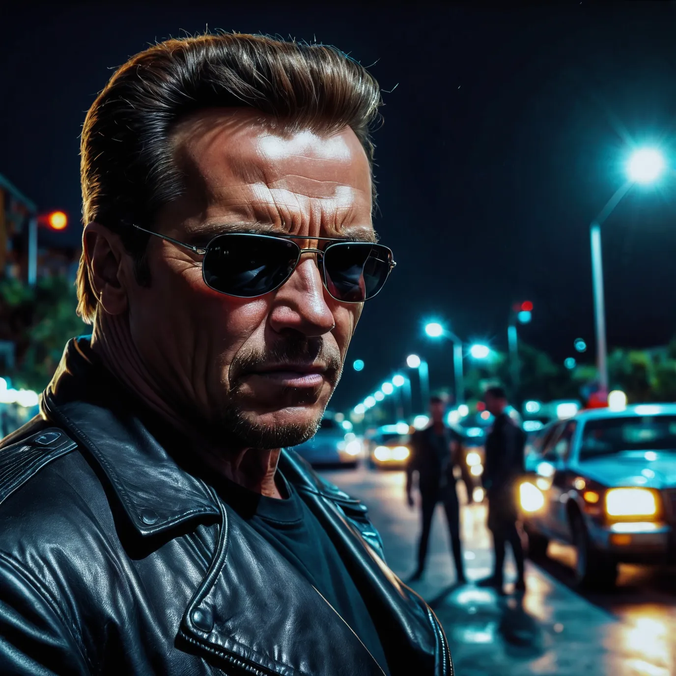 juggernautXL_v9Rundiffusionphoto2-Terminator Arnold Schwarzenegger in sunglasses approaches the punks-1-Time_20250204133625